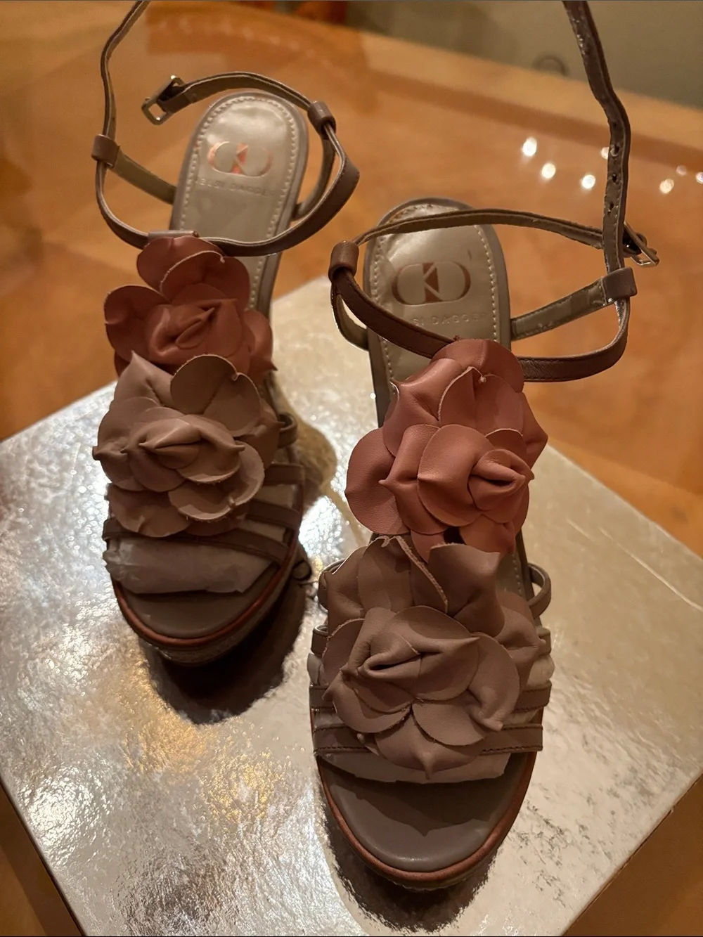 Kelsi Dagger Brown Floral Appliqué Leather Wedge Sandals